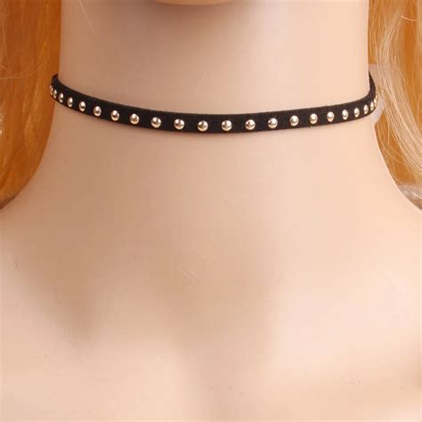 Women S Choker Necklace Fashion Punk Black Leather Silver Studs