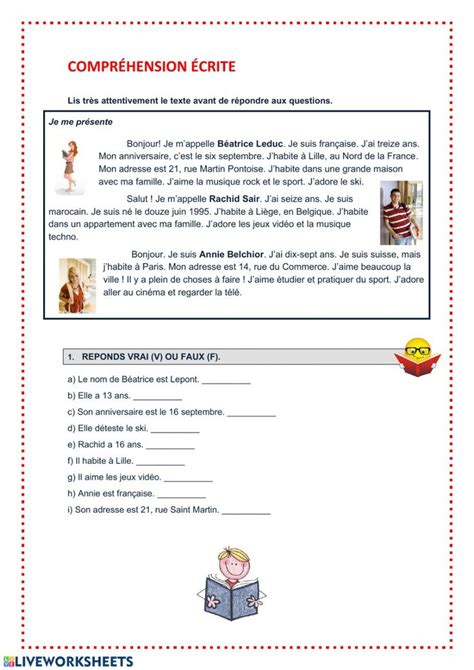 Compréhension écrite Interactive Worksheet Basic French Words French