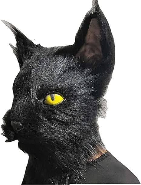 Saskate Black Plush Cat Mask Halloween Animal Mask 3d Realistic Latex