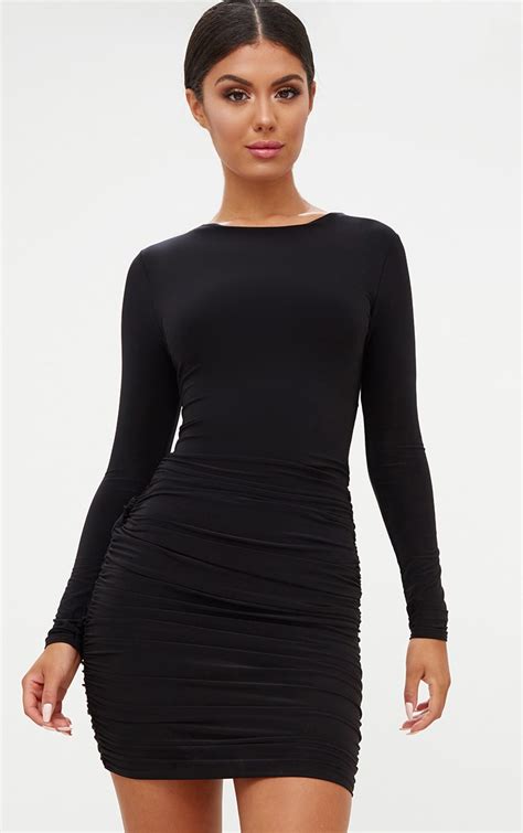Black Long Sleeve Ruched Open Back Bodycon Dress Dresses Prettylittlething Ca