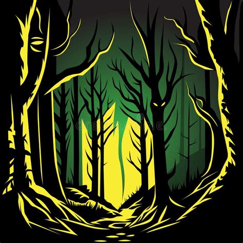 Fantasy Yellow Green Dark Forest Vector Illustration Stock