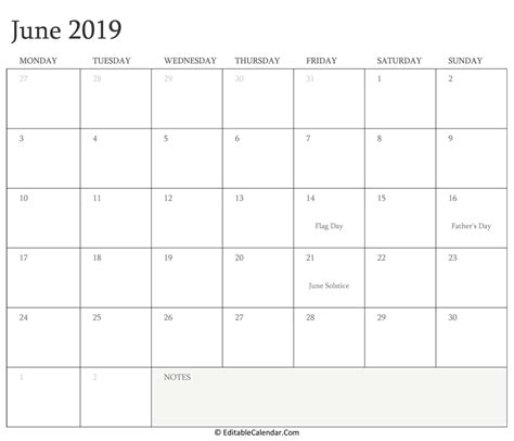 Editable Calendar June 2019