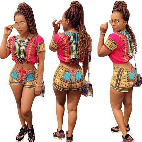 Women Summer African Style Dashiki 2 Piece Romper Crop Top Short Set