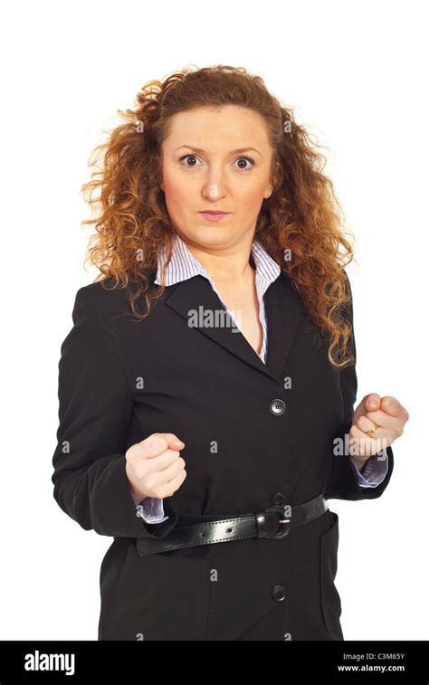 Furious Business Woman Showing Fists Isolated On White Background Stock