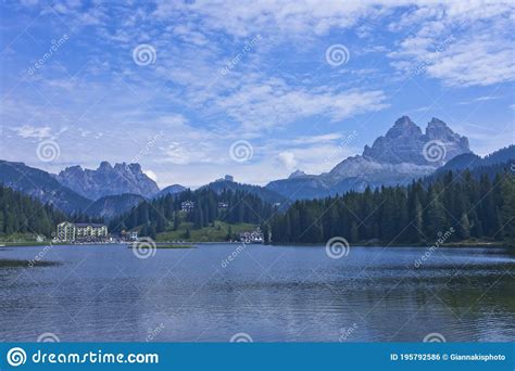 Lake Misurina Bench Hotel And Dolomites Italy Editorial Photo