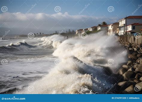 Tsunami Waves Crashing Over Seawalls And Dikes In Coastal Communities