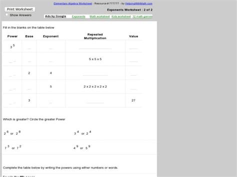 Exponents worksheet: 2 of 2 worksheet for 6th