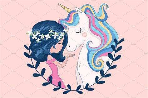 Beautiful Girl And Unicornlove Card Animal Illustrations ~ Creative