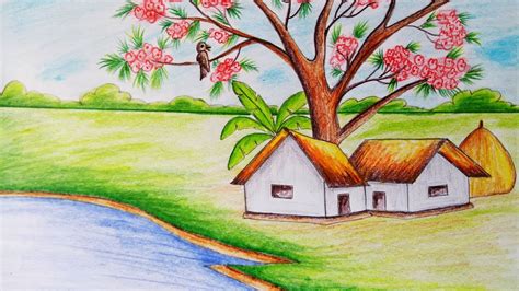 How To Draw Scenery Of Spring Seasonstep By Stepeasy Draw Youtube