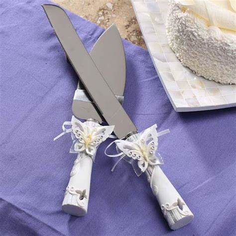 White Resin With Silver Butterflies Cake Server And Knife Set Cake