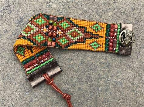 Beaded Woven Loom Leather Bracelet Seed Bead Tribal Aztec Etsy