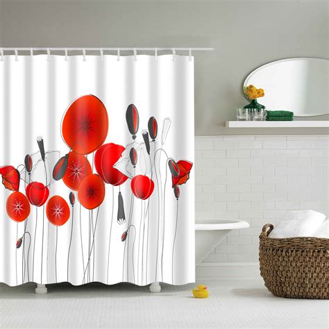 Poppy Shower Curtain White And Red Color Painting Flower Bathroom