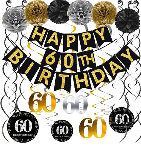 Buy Famoby Black And Gold Glittery Happy 60th Birthday Bannerpoms