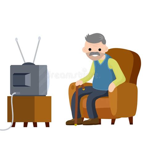 Old Senior Man Sitting In Armchair And Watching Retro Tv Stock Vector