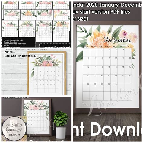Printable Calendar 2020 Wall Calendar 2020 Desk Calendar, Floral Calendar, Beautiful Calendar ...