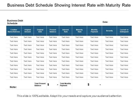 Business Debt Schedule Showing Interest Rate With Maturity Rate Powerpoint Presentation