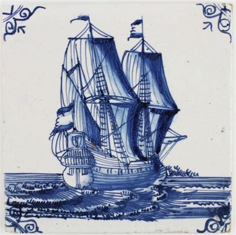 Antique Dutch Delft Tile In Blue With A Tall Ship 17th Century