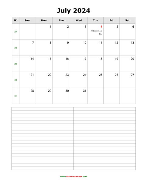 Download July 2024 Blank Calendar with Space for Notes (vertical)