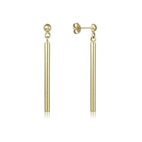 K Solid Yellow Gold Bar Dangle Earrings Polished Vertical Hanging Drop