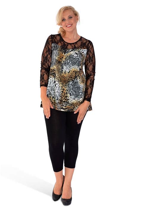 New Ladies Plus Size Top Womens Animal Print Tunic Black Lace Sale