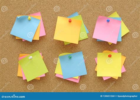 6 Set Colorful Of Sticky Notes Push Pins On Cork Board Stock Photo