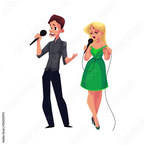 Man And Woman Singing In Duet Karaoke Party Contest Competition