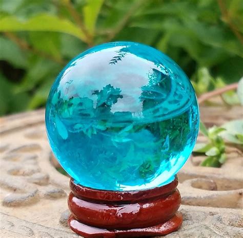 sky blue glass crystal ball 40mm scrying sphere with wooden stand metaphysical home decor feng