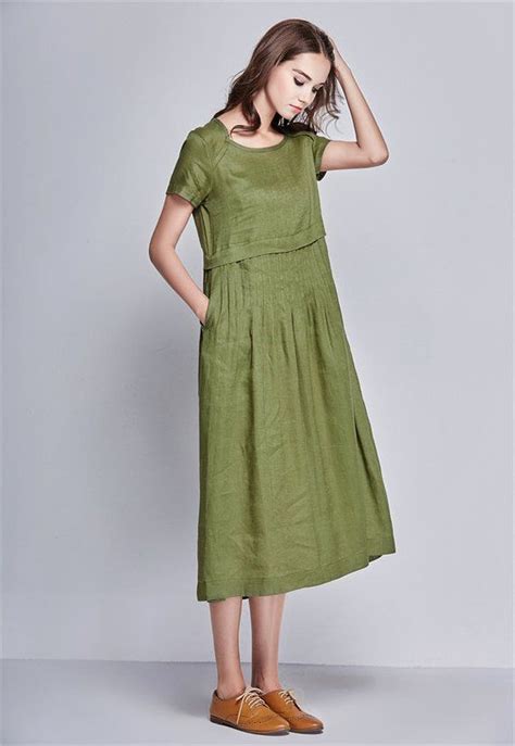 Linen Tunic Dress In Green Maxi Dress Linen Dress Woman Etsy Green
