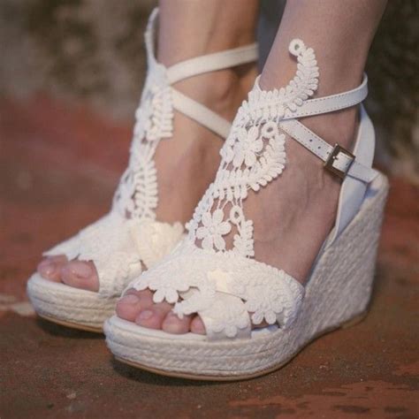 Ivory Lace Wedges Wedding Sandals Peep Toe Slingback Platform Sandals