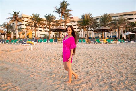 Beautiful Woman With Long Hair On Background Of Beach Persian Gulf