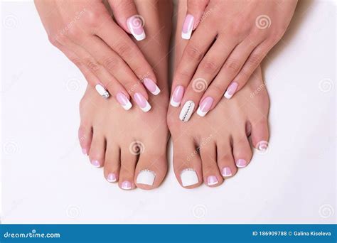 French Manicure And Pedicure With Pastes On Nails Stock Photo Image