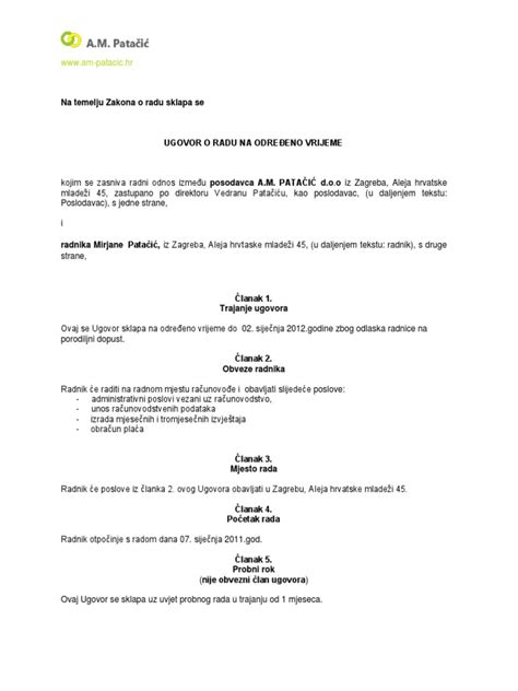 Ugovor O Radu Na Određeno Vrijeme Pdf