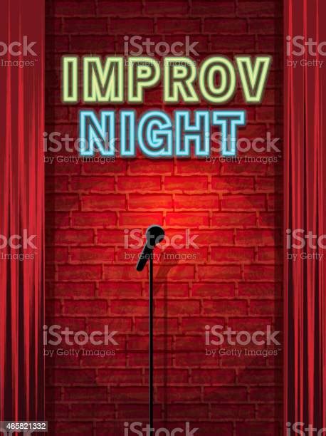 Improv Comedy Night Stage With Neon Sign And Brick Wall Stock
