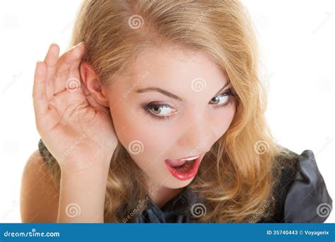 Blonde Surprised Gossip Girl With Hand Behind Ear Listening Secret