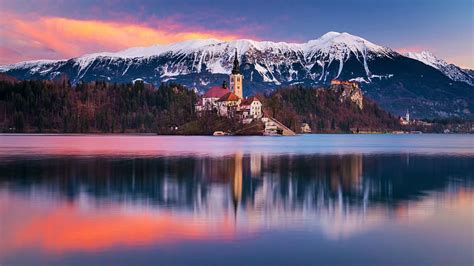 Lake Bled Slovenia Island Clouds Sky Water Mountains Church