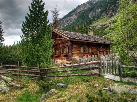 Hd Wallpaper Brown Cabin House Austria Alps Wooden Fence