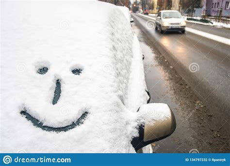 Smile Emoji On The Car Front Window Drawing In Snow Positive Mood And