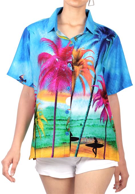 Happy Bay Hawaiian Shirt Blouses Button Up Beach Wear Women Short