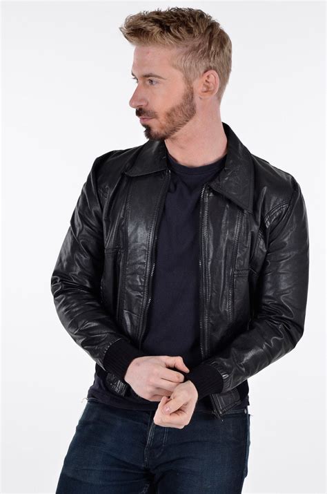 Mens Vintage Black Leather Bomber Jacket L Brick Vintage