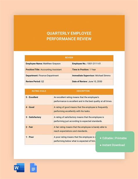 Quarterly Employee Performance Review Template Download In Word