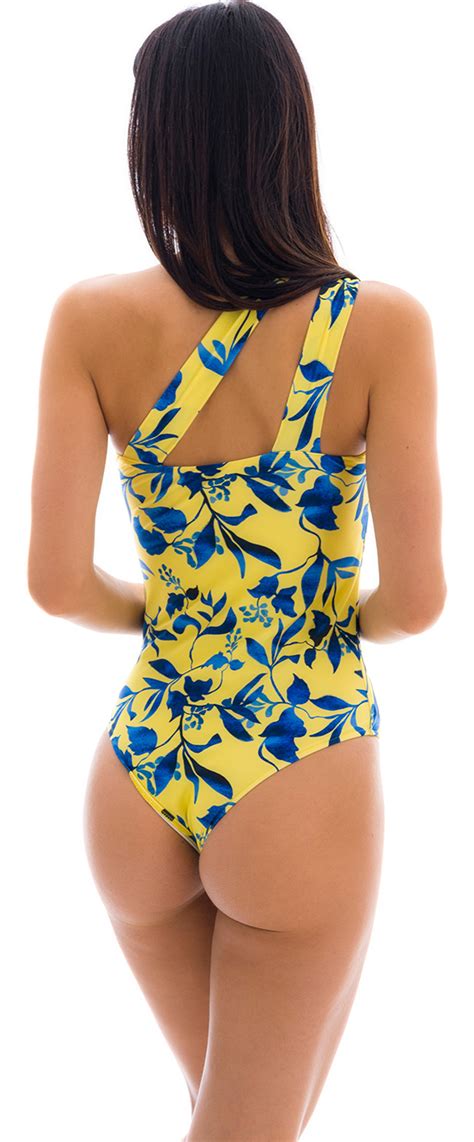 Plant Yellow Asymmetric One Piece Swimsuit Lemon Flower One Shoulder Rio De Sol