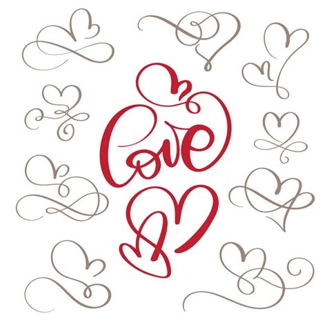 Set Lovers Heart Handmade Vector Calligraphy Decor Greeting Card