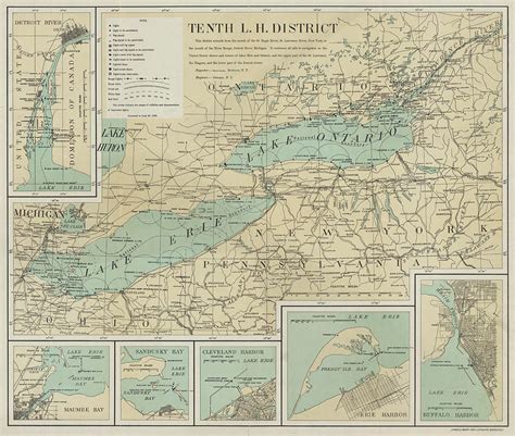 1898 Great Lakes Lake Erie And Lake Ontario Lighthouse Map In Color