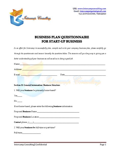 Business Plan Questionnaire For Startup Business Edited Consultant