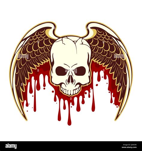 Emblem Of Human Skull With Wings And Bloody Drops Isolated On White