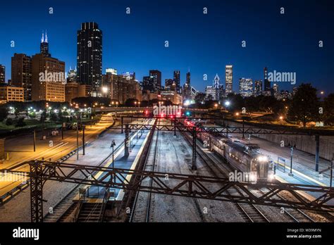 View Of Central Station El Train Light Trails And Downtown Chicago