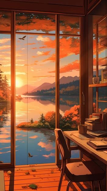 Premium Ai Image Painting Of A Sunset View Of A Lake And A Lake House