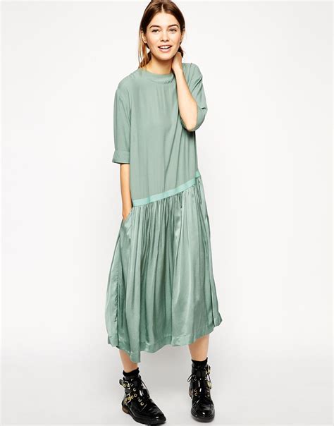 Asos Midi Dress With Drop Waist In Green Lyst