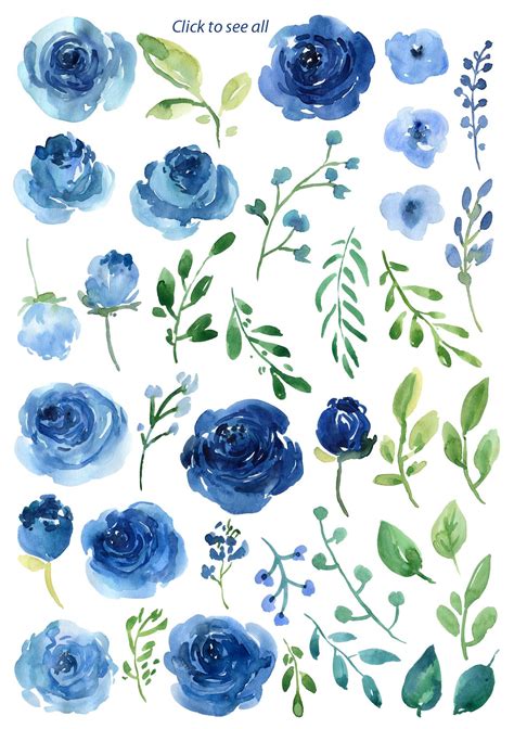 Blue Watercolor Roses Flowers Leaves 83386 Illustrations Design