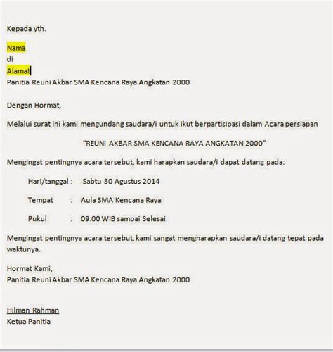 Download contoh surat undangan resmi (doc). Contoh Surat Undangan Resmi Kenaikan Kelas